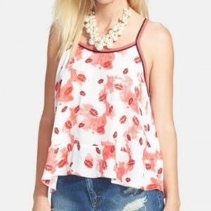 Wayf Pink Lip Print Tank Blouse with Ruffle